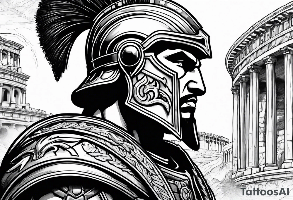 Side profile of spartan soilder with Roman buildings tattoo idea