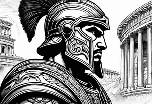 Side profile of spartan soilder with Roman buildings tattoo idea