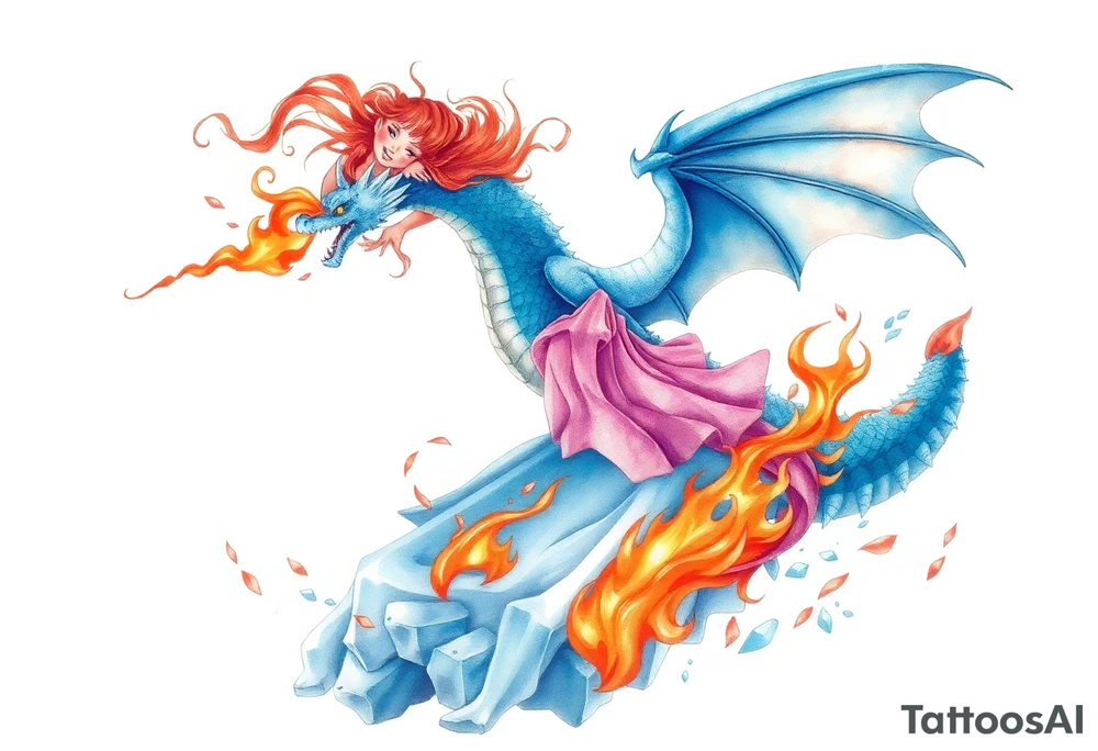 Redheaded girl on a blue dragon who is breathing fire with wings spread and flying over ice and flames tattoo idea