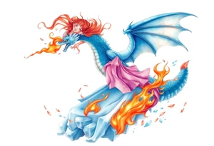 Redheaded girl on a blue dragon who is breathing fire with wings spread and flying over ice and flames tattoo idea