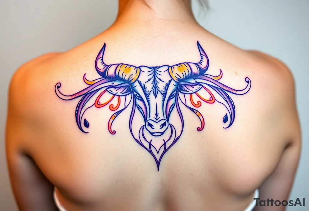 Powerful Taurus tattoo with purple and yellow tattoo idea