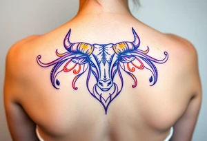 Powerful Taurus tattoo with purple and yellow tattoo idea