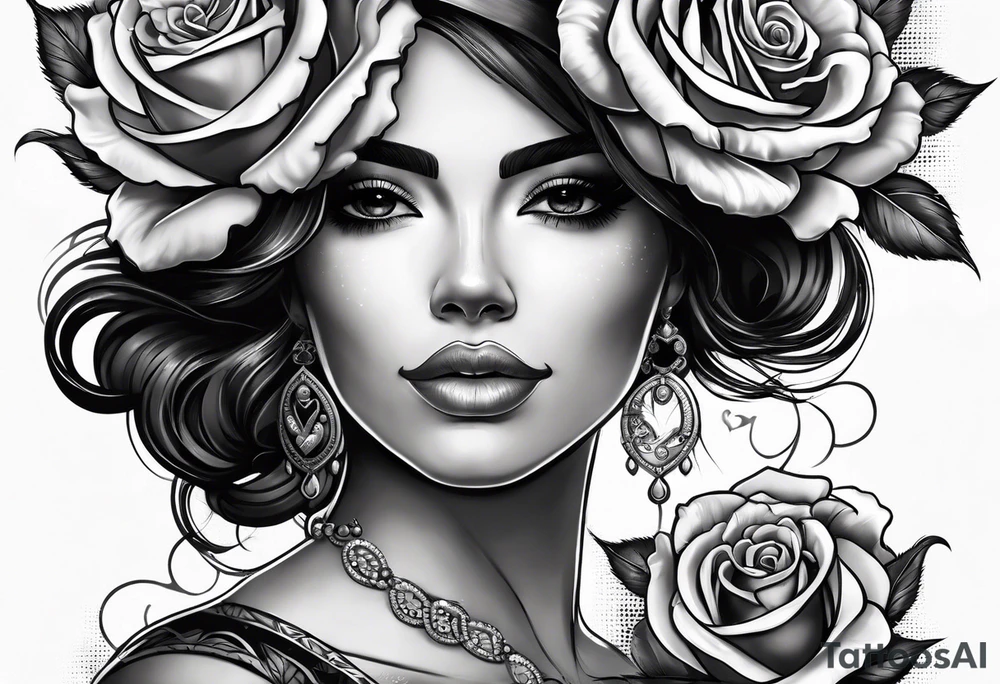 Hispanic/ Latin  woman  with half skull face , roses, loving heART, strength,  cancer zodiac sign  , time heals all tattoo idea