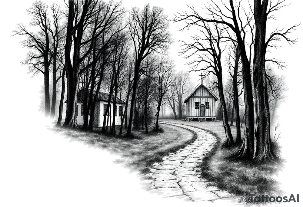 Dunkle Wald Lichtung bei Nacht,  ein Pfad zum Friedhof der im Hintergrund tu sehen ist tattoo idea