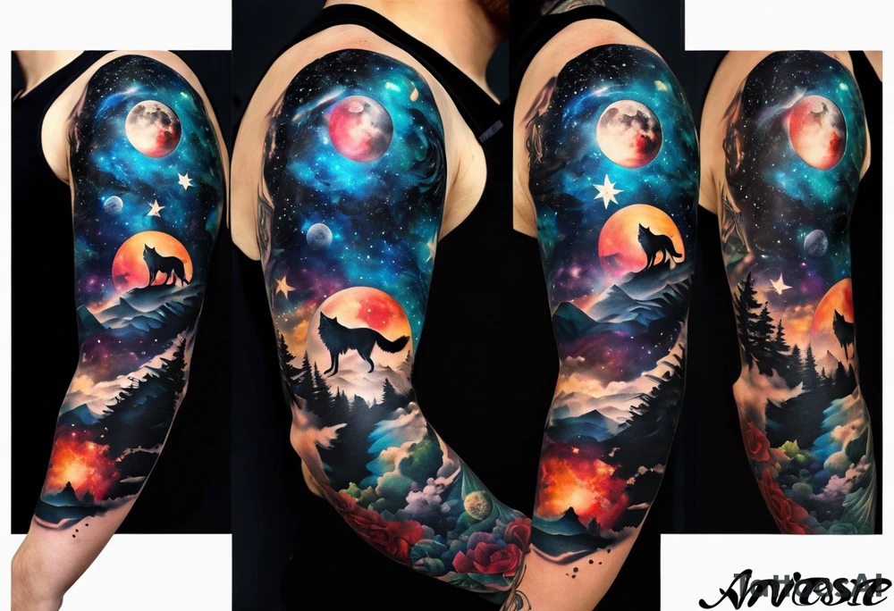 a tattoo sleeve with: A yin yang, A compass, A geometric wolf, A galaxy scene with planets and stars. The tattoo covers the entire arm and has a colorful and detailed style. The yin yang is on the shoulder and has a black and white contrast. The compass is on the upper arm and has a realistic and metallic look. The geometric wolf is on the lower arm and has a blue and purple color scheme. The galaxy scene is on the hand and wrist and has a dark and starry background with planets and moons. The tattoo is connected by a swirling pattern that creates a sense of harmony and movement. tattoo idea