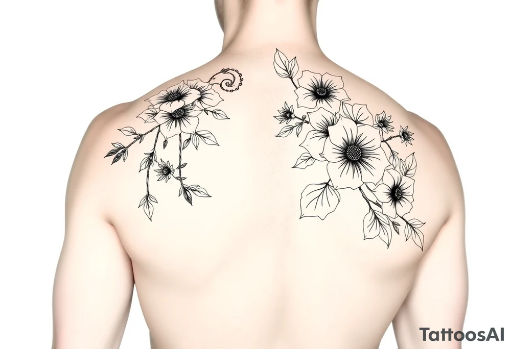 Full sleeve tattoo design of larkspur and hawthorn flowers, highly detailed line art, black ink, elegant botanical style, intertwined composition, no shading, no human mock-up, clean stencil style suitable for tattooing, fit fully within boundaries. LINE ART ONLY tattoo idea
