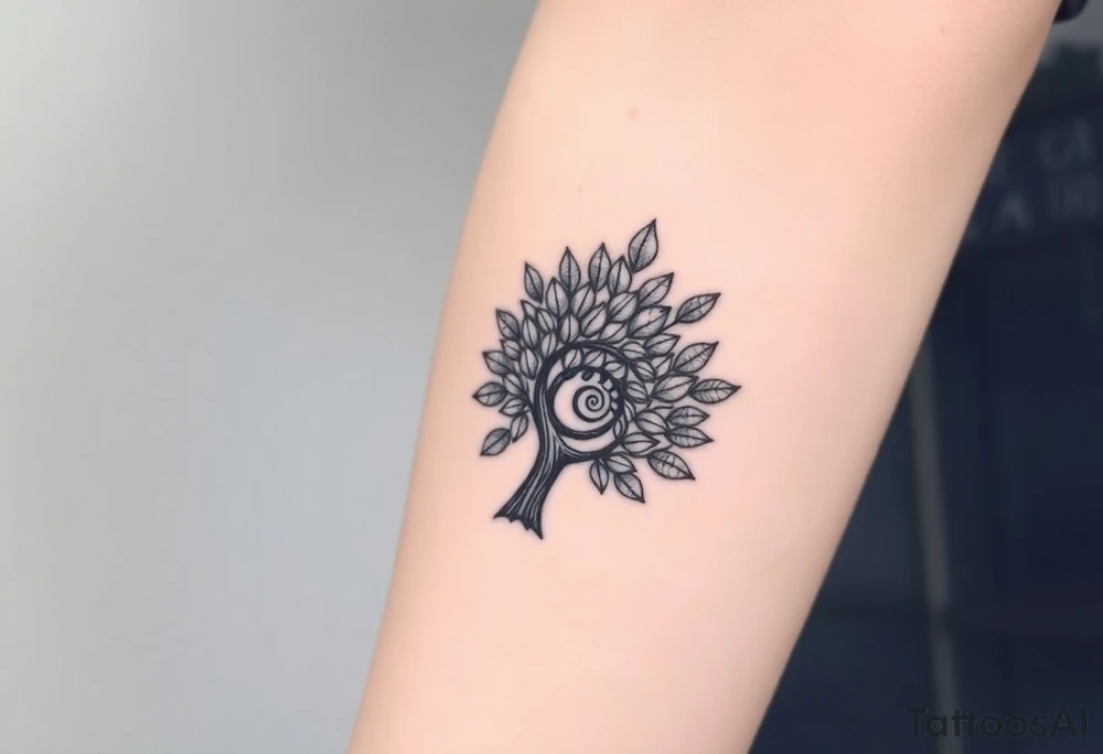 Fibonacci spiral shell inside of tree full of lots of leaves tattoo idea