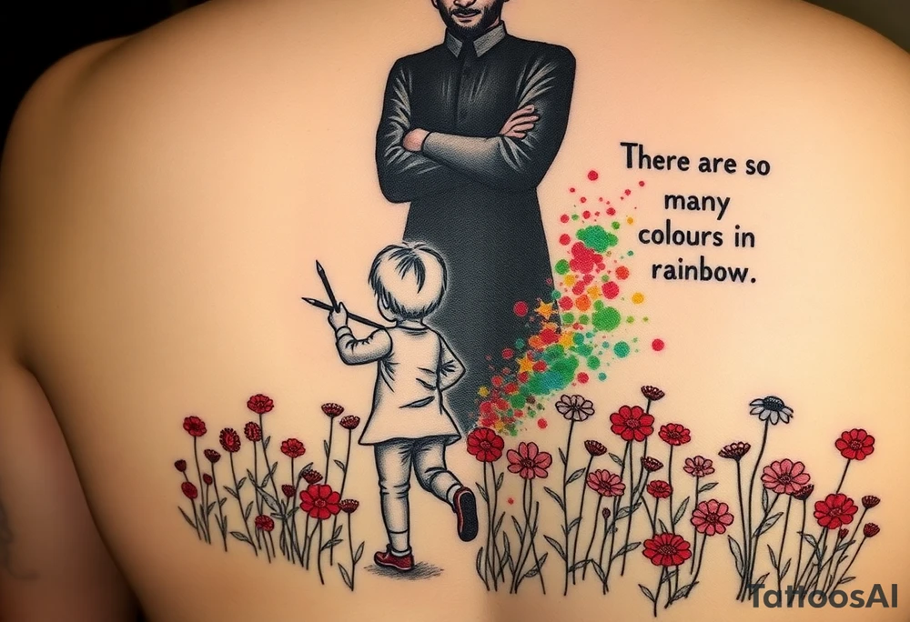 Concept:
A child holding a paintbrush, painting a field of flowers. The flowers are initially all red and green, but as the child moves forward, a burst of multicolored flowers begins to bloom, symbolizing creativity and breaking free from rigid rules. Behind the child, a shadowy figure (representing the strict teacher in the song) watches with crossed arms. The phrase "There are so many colors in the rainbow" could be subtly written in the design, blending into the artwork. tattoo idea