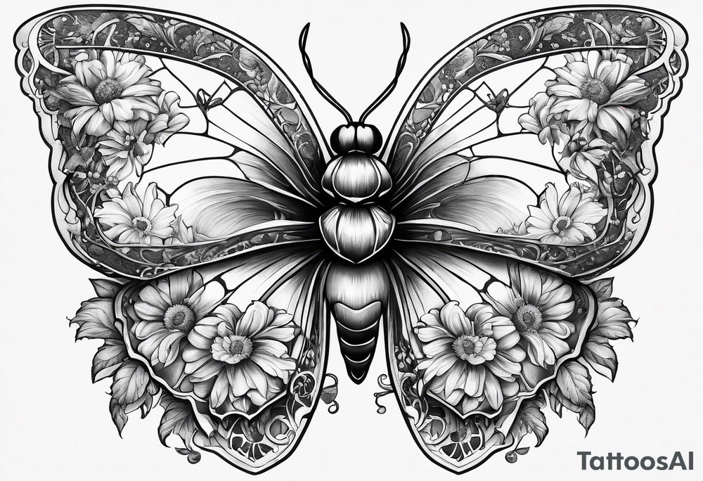 Spider in the shape of a butterfly with daisy's marigolds sweet peas and daisy's around it tattoo idea