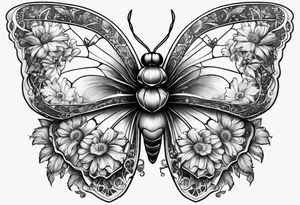 Spider in the shape of a butterfly with daisy's marigolds sweet peas and daisy's around it tattoo idea
