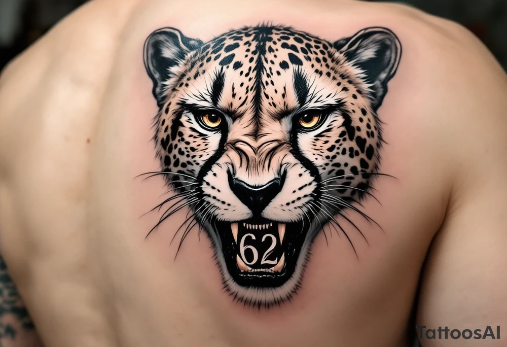 angry cheetah with the number 62 in its mouth tattoo idea