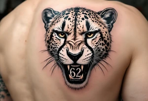 angry cheetah with the number 62 in its mouth tattoo idea