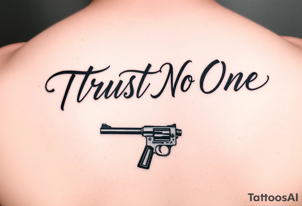 Trust No One in calligraphy writing
With a small gun below it tattoo idea