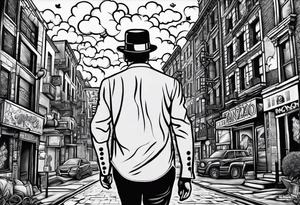 Monopoly man walking down a urban street with scattered xzanax bars and clouds with praying hands used for fillers tattoo idea