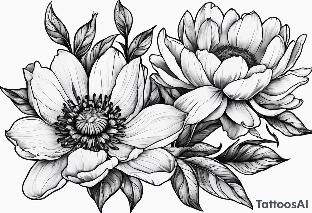 cherry blossom, peony, sunflower, tulip, lily tattoo idea