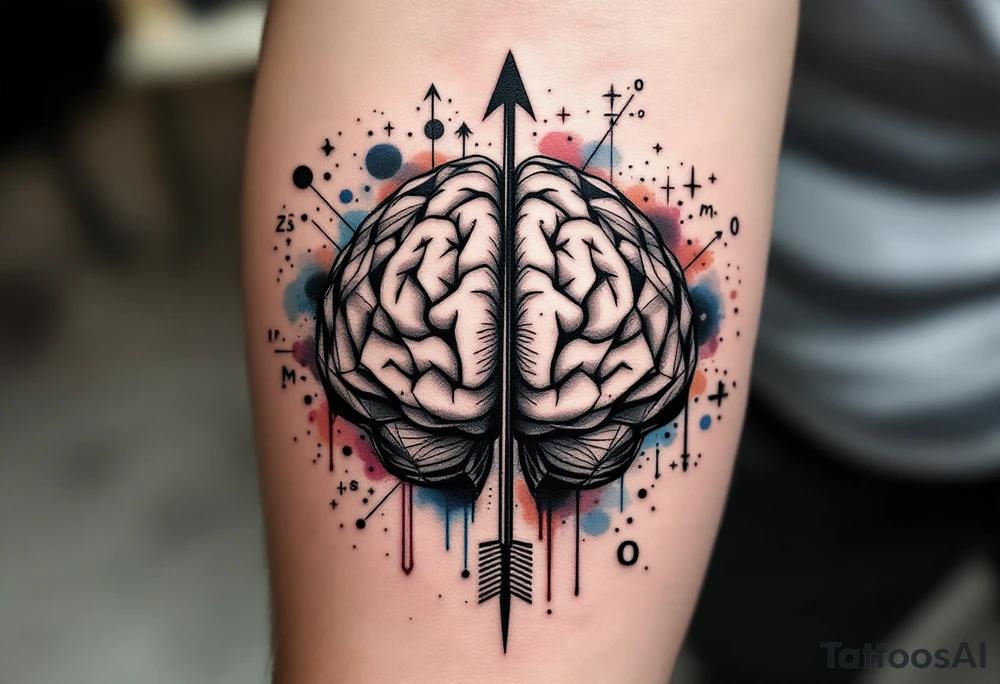 A front-seen brain in geometric and straight lines, math symbols arround. A detailed arrow crosses from below and exit from the top, with its tip desintegrating to represent entropy and watercolor stains spilled from the arrow. Around of the main tattoo, math and physics formulas fill the space, including the formula "ΔS ≥ 0" and the formula "(iδ + m) Φ = 0" tattoo idea