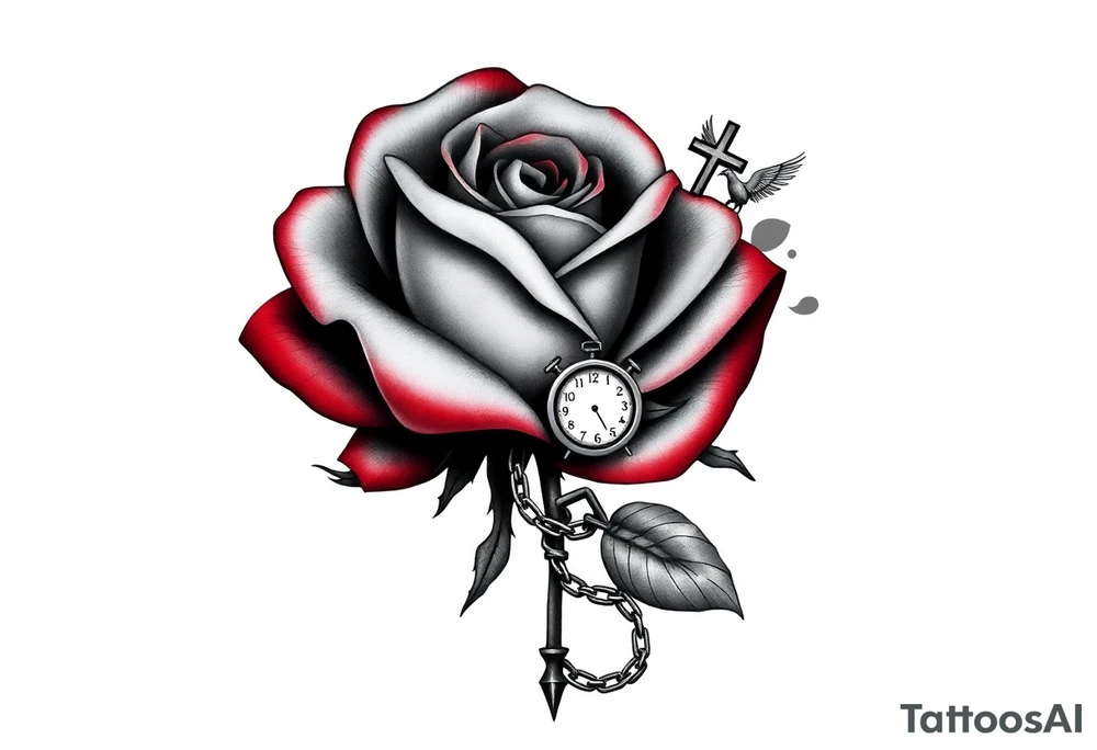 Tattoo Concept: Resilience Through Trauma and Growth

A black and grey tattoo with elements of red to highlight pain, transformation, and survival. The design features:
	•	A large rose with thorns as the centerpiece. The petals are partially wilting and torn, symbolizing past trauma, while new petals blooming from the same stem represent growth and healing.
	•	A broken chain intertwined with the rose’s stem, representing breaking free from past pain. Some links remain intact to acknowledge the lasting impact of trauma.
	•	A semicolon (;) subtly integrated into the stem or thorns, signifying perseverance and that your story continues.
	•	A clock or hourglass, cracked but still intact, symbolizing the way trauma distorts time but does not halt progress.
	•	A rosary wrapped around the rose, leading to a cross near the top. The cross represents faith, strength, and survival. The chain of the rosary has a broken link, showing resilience after hardship.
	•	A phoenix emerging from the petals, symbolizing rebirth, transformation, and rising from the ashes of past struggles.
	•	A shadowy, fading silhouette behind the rose, representing your past self—acknowledged but no longer in control.
	•	A butterfly or moth near the blooming petals, representing transformation and perseverance through darkness.
	•	Soft shading with some red ink highlights, especially on the thorns, broken chains, and phoenix flames, emphasizing pain and strength As the woman I am today tattoo idea