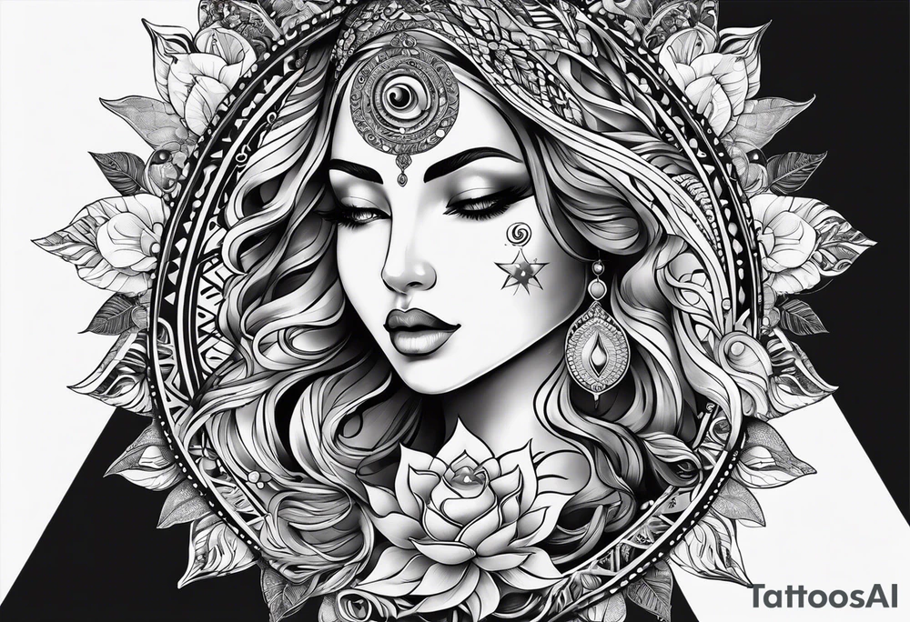 divine feminine arm sleeve with the sun and moon and 7 chakras tattoo idea