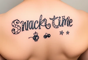Pretty letters with lots of swooshes saying snack time with cupcakes, cherries and stars tattoo idea