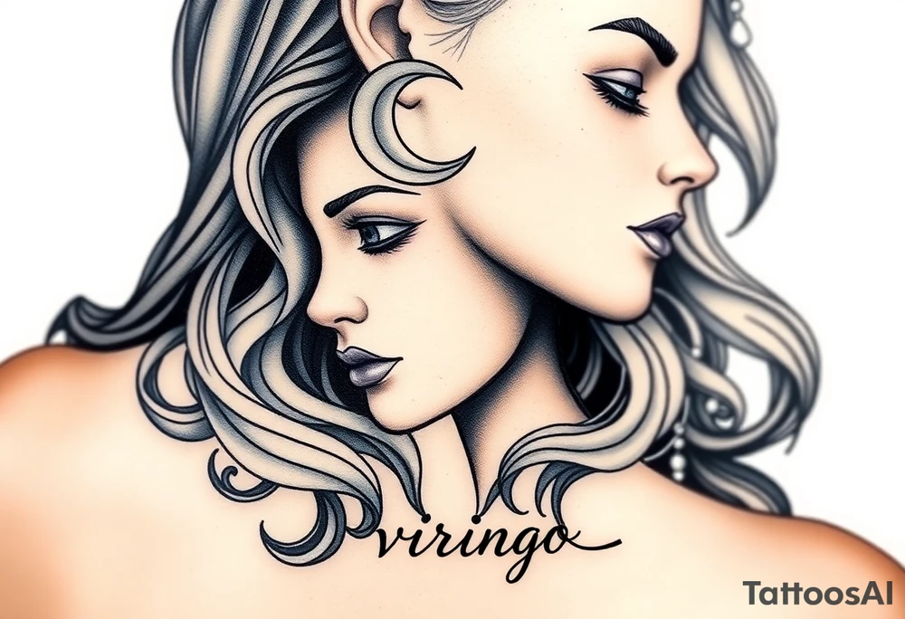 A detailed profile of a serene goddess with a crescent moon on her forehead, with silver and deep navy shading and the word virgo tattoo idea
