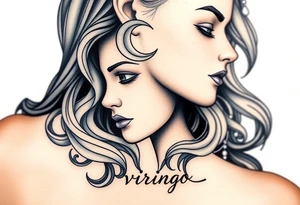 A detailed profile of a serene goddess with a crescent moon on her forehead, with silver and deep navy shading and the word virgo tattoo idea