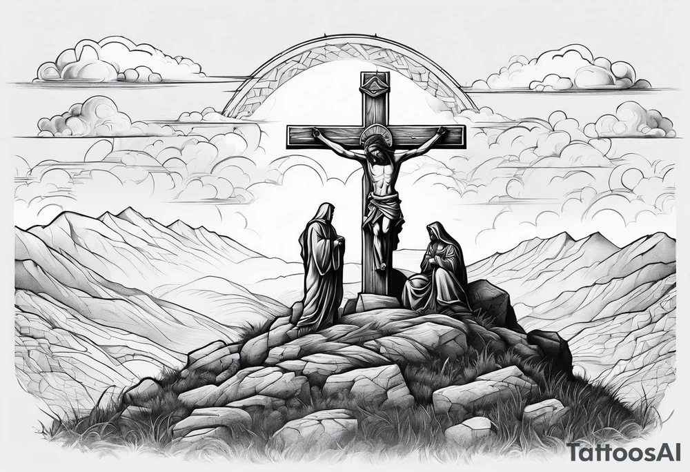 3 people crucified on a hill facing west tattoo idea