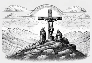 3 people crucified on a hill facing west tattoo idea