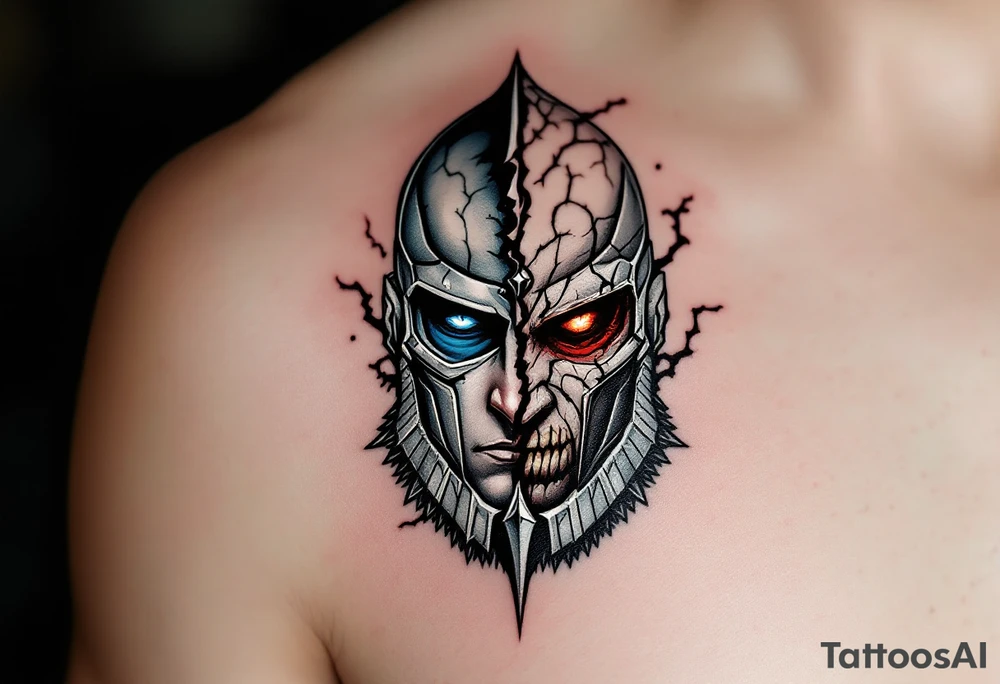 A warrior with a split face—one half is a noble knight, adorned with silver armor, a blue eye shining with determination, and the other half is a cursed warrior, clad in dark, cracked armor, with a crimson eye glowing with rage. The division between them is jagged but seamless, showing that both forces exist within one soul. tattoo idea