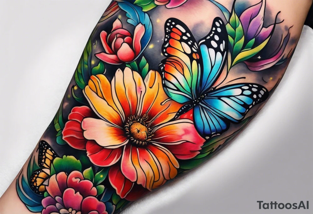 Arm sleeve with rainbow flowers and butterflies tattoo idea