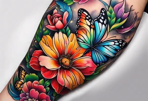 Arm sleeve with rainbow flowers and butterflies tattoo idea