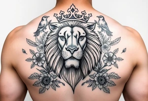 powerful majestic lion with a crown, surrounded by floral ornaments and birds tattoo idea