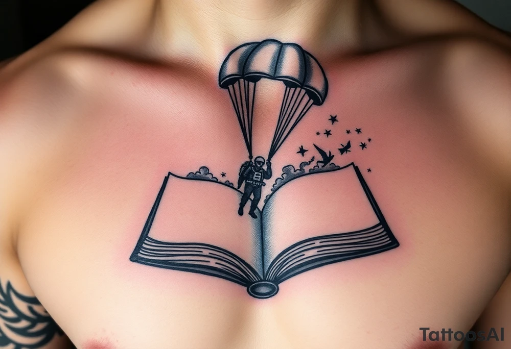 A parachuting soldier landing into an open book. Chaos surrounding, but the book is protecting the soldier from it. On the chest. Make the tattoo smaller. Make it thought provoking. Make the chaos in the environment be an eerie mist. Make the pages in the book be blank. Just one soldier, no other characters. the book is old. tattoo idea