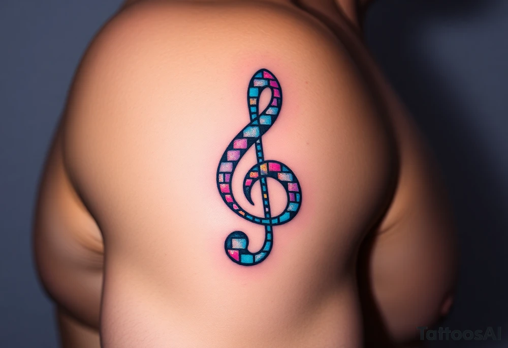 A treble clef formed from pixelated blocks, transitioning from a vibrant neon pink to electric blue tattoo idea