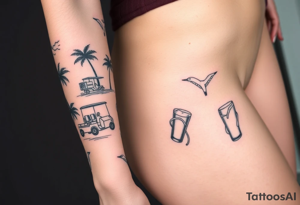 full arm sleeve with individual tattoos that include palm trees, boats, golf cart, seagulls, sea life, a beer, flips flops tattoo idea