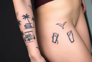 full arm sleeve with individual tattoos that include palm trees, boats, golf cart, seagulls, sea life, a beer, flips flops tattoo idea