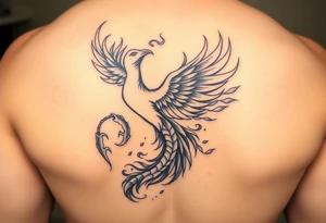 A phoenix with fiery feathers blending into swirling smoke. The tail feathers transition into scorpion pincers, scales subtly integrated. Eagle wings outlined in flames accent the overall design. tattoo idea