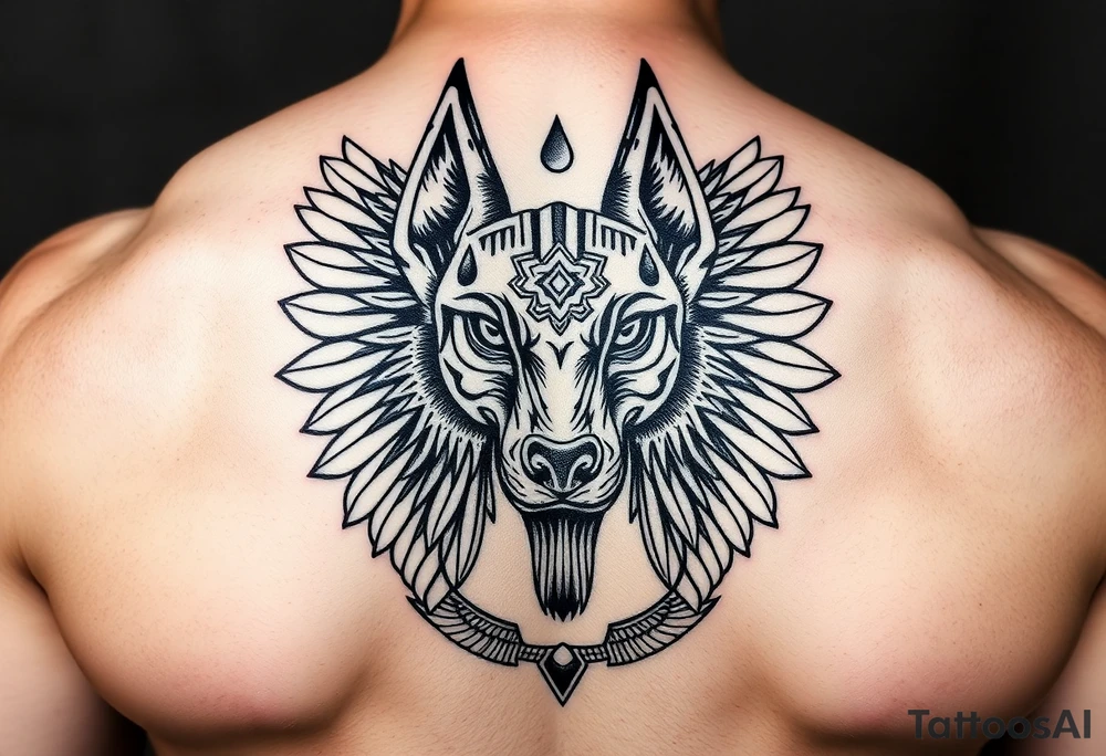 muscle Egyptian Anubis god face in Egypt style dog face surrounded Egyptian symbols tattoo idea