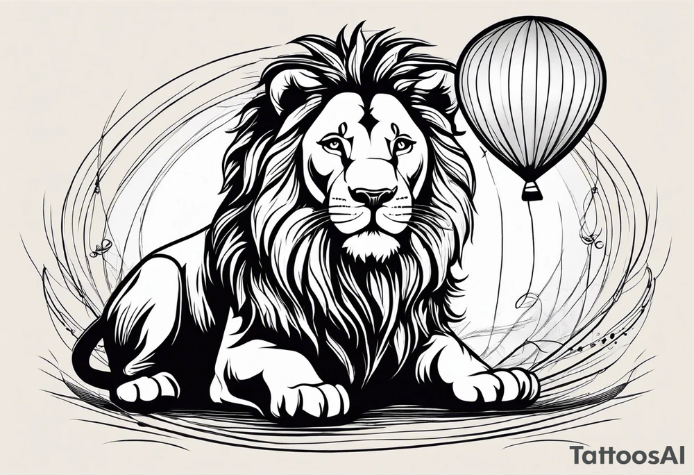 tatoo in sketch style only.
A little lion is holding a string to the hearth shaped small party baloon.
lion should be drawed from behind and has one hand reaching up in 45 degree angle and holding the baloon string
On the string is a wave which look like a hearbeat pulse.
draw it without any scenery, without any background. Just a lion 
Add heartbeat pulse on the string tattoo idea
