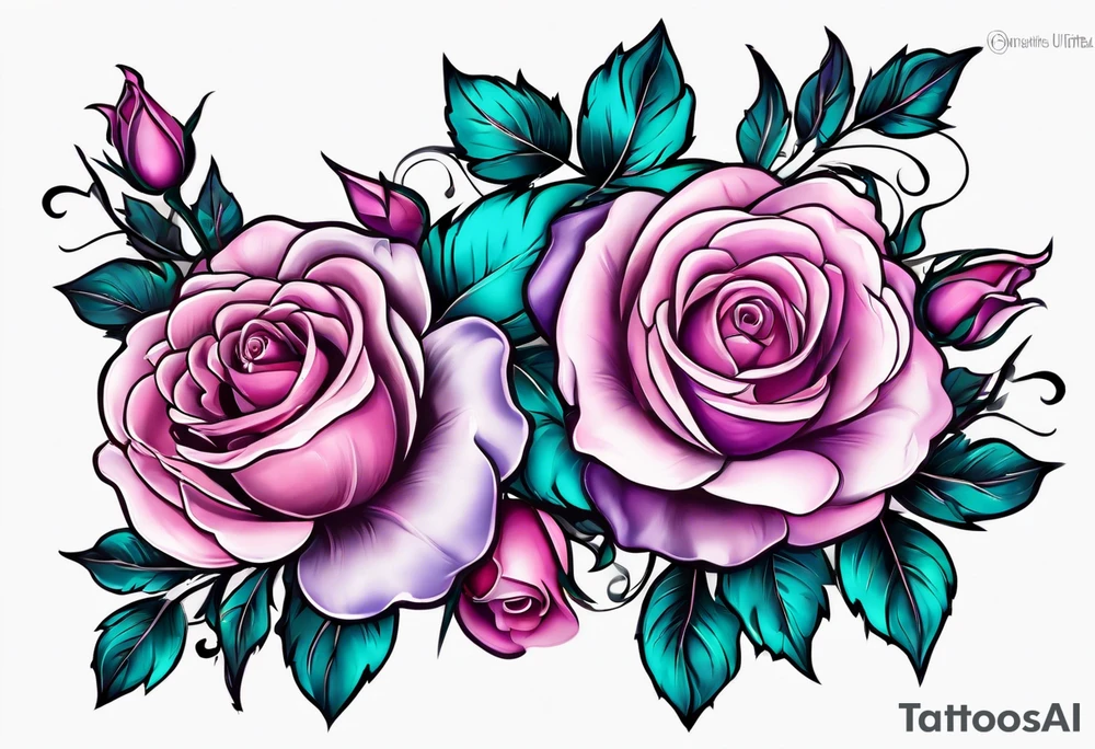 Pink purple roses with teal leaves tattoo idea