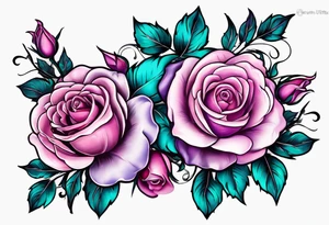 Pink purple roses with teal leaves tattoo idea