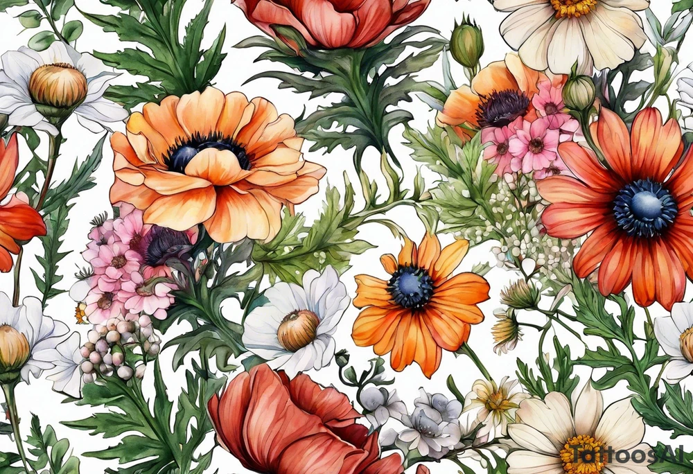 wildflowers with thistles, ferns, white anemones, sun flowers, orange flowers, green flowers, pink flowers, red flowers, berries and babies breath and daisies all in watercolor tattoo idea