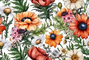 wildflowers with thistles, ferns, white anemones, sun flowers, orange flowers, green flowers, pink flowers, red flowers, berries and babies breath and daisies all in watercolor tattoo idea