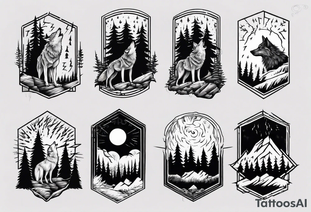lightning over forest with wolf howling tattoo idea