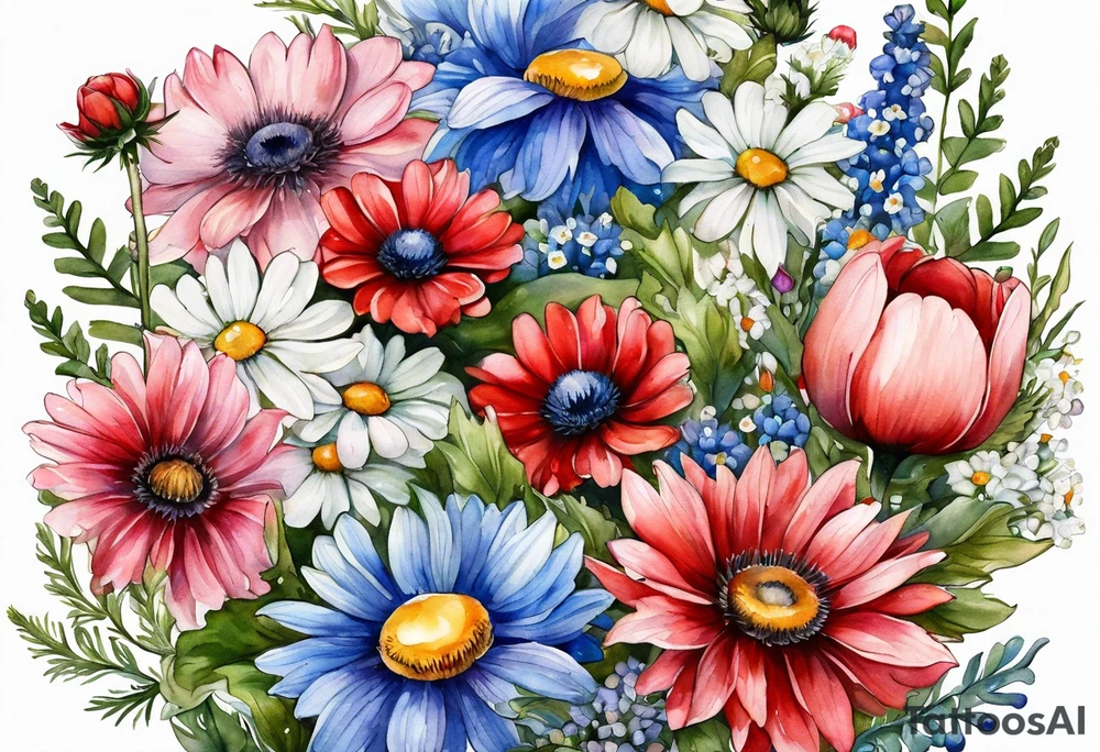 an oval of wildflowers cascading with thistles, ferns, white anemones, sun flowers, red flowers, blue flowers, buttercups, pink flowers, babys breath and daisies all in watercolor tattoo idea