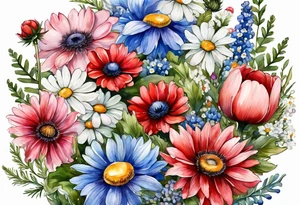 an oval of wildflowers cascading with thistles, ferns, white anemones, sun flowers, red flowers, blue flowers, buttercups, pink flowers, babys breath and daisies all in watercolor tattoo idea