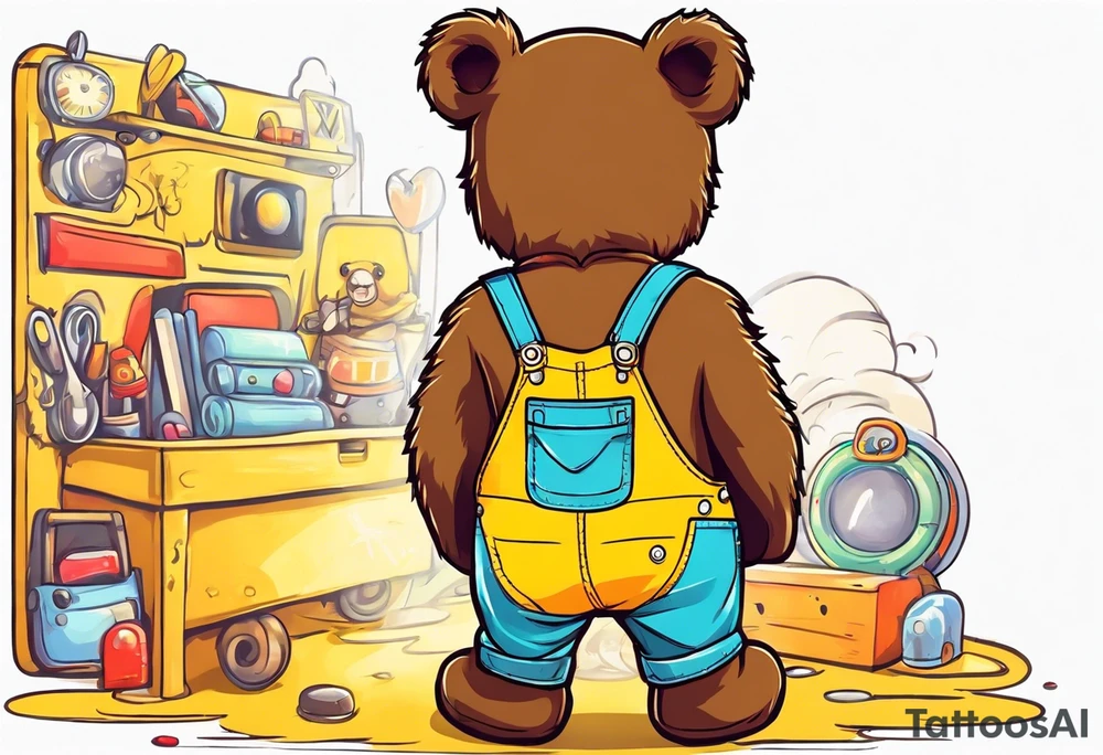 the back of a standing, skinny, brown ,
teddy bear in long, yellow overalls tattoo idea