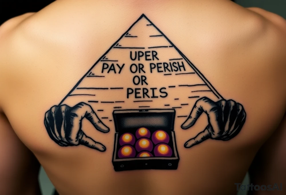 "Great Pyramid with 'PAY UP OR PERISH' carved in hieroglyphs. Alien hands (in white gloves) exchange a briefcase of glowing orbs.  

Style: 1950s pulp sci-fi. Colors: sand yellow/black/purple." tattoo idea
