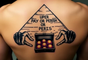 "Great Pyramid with 'PAY UP OR PERISH' carved in hieroglyphs. Alien hands (in white gloves) exchange a briefcase of glowing orbs.  

Style: 1950s pulp sci-fi. Colors: sand yellow/black/purple." tattoo idea