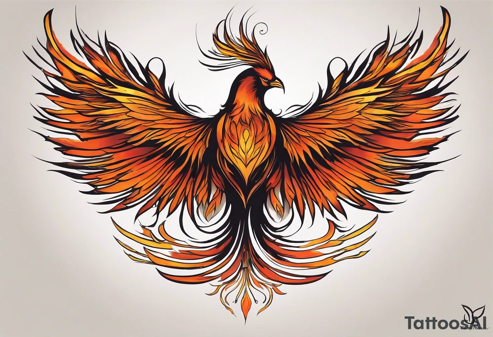 A majestic fire phoenix, rising powerfully with its wings spread wide and feathers flowing, representing rebirth and resilience. The phoenix is detailed with intricate feathers, creating a sense of movement and vitality. The design is bold, with deep shading and texture that adds dimension and intensity to its form. tattoo idea