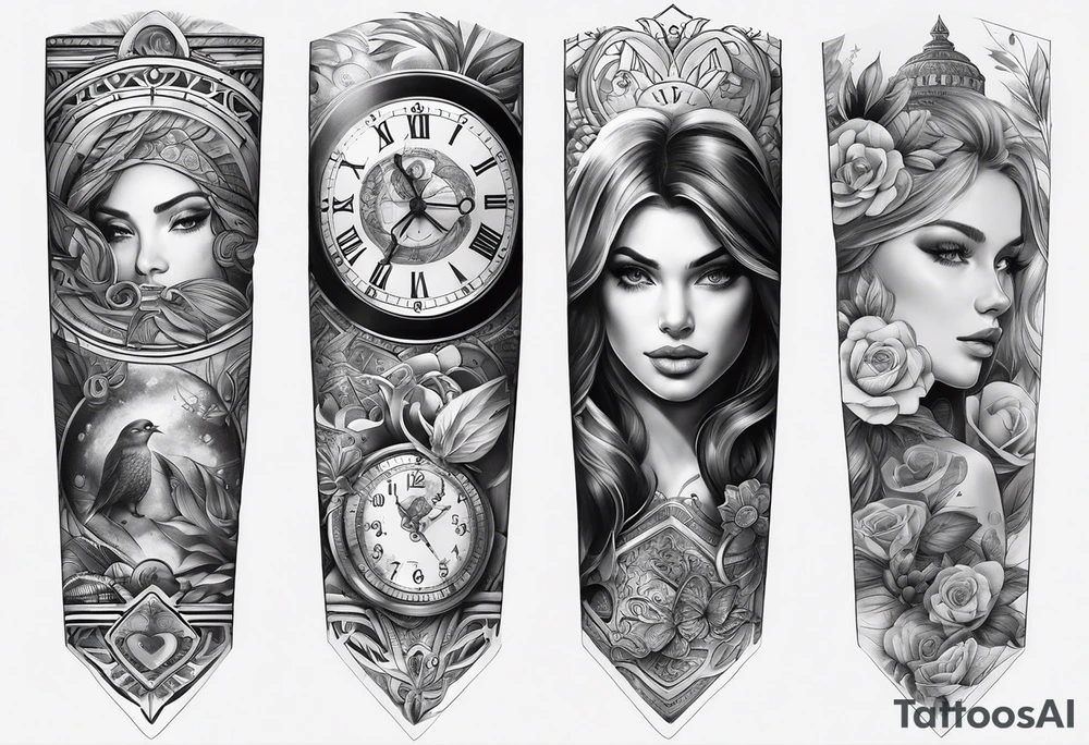 sleeve tattoo to contain the symbols family , love, health, time, money , happines tattoo idea